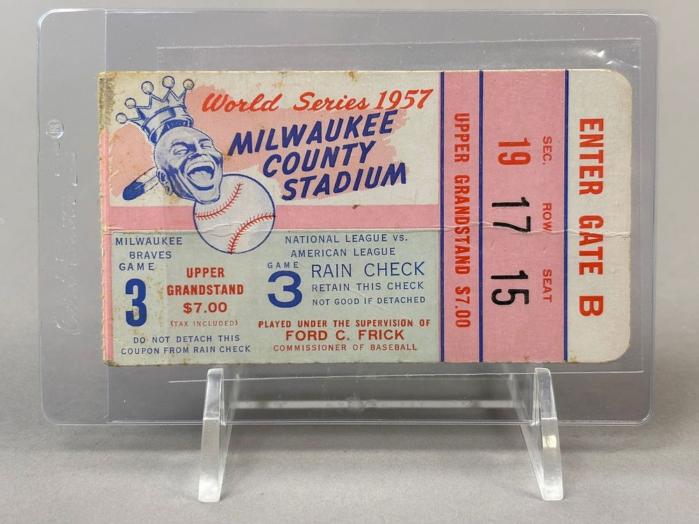 Lot 312: 1957 World Series Game 3 Milwaukee County Stadium Ticket Stub