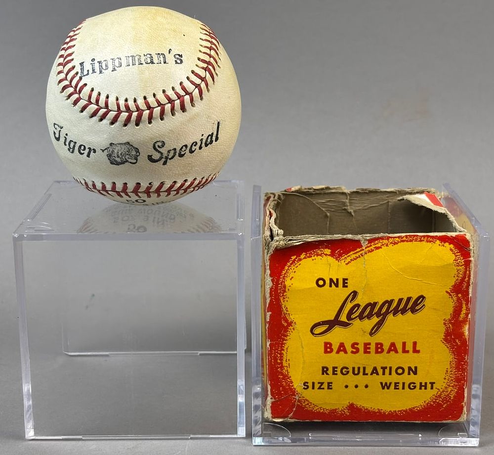 Lot 330: Lippman's Detroit Tigers Special Stamped 1940s Baseball w/ Original Box