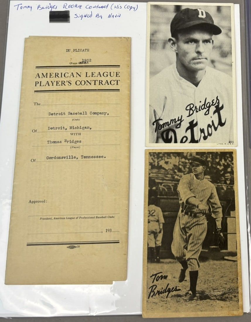 Lot 334: 1932 Tommy Bridges Detroit Tigers Rookie Year Contract (His Copy) Signed by  Frank J Navin & 1936 &