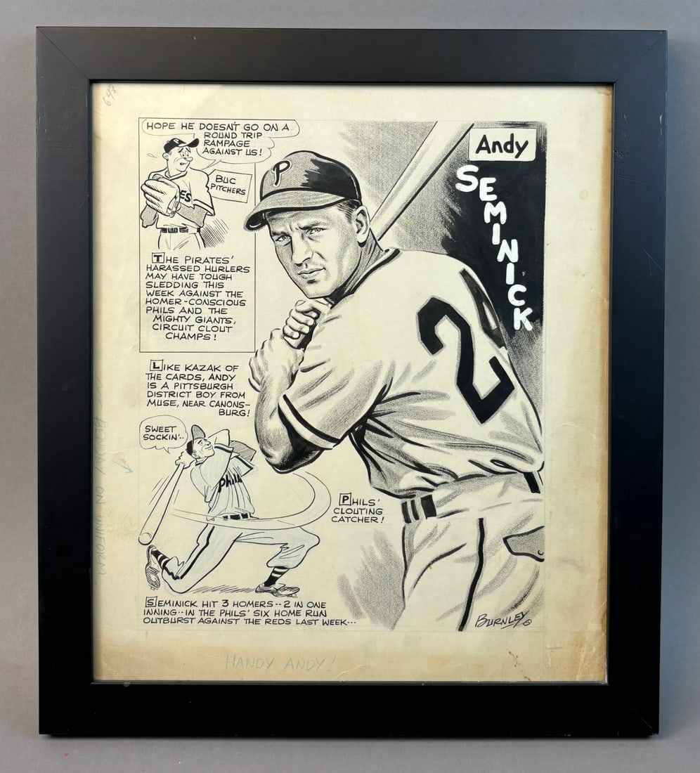 Lot 373: Andy Seminick Philadelphia Phillies Framed Original Artwork by Burnley