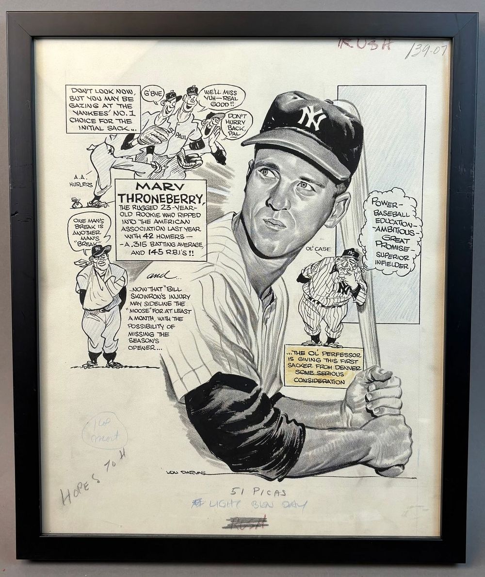 Lot 375: Marv Thornberry New York Yankees Original Baseball Advertising Artwork by Lou Datrias