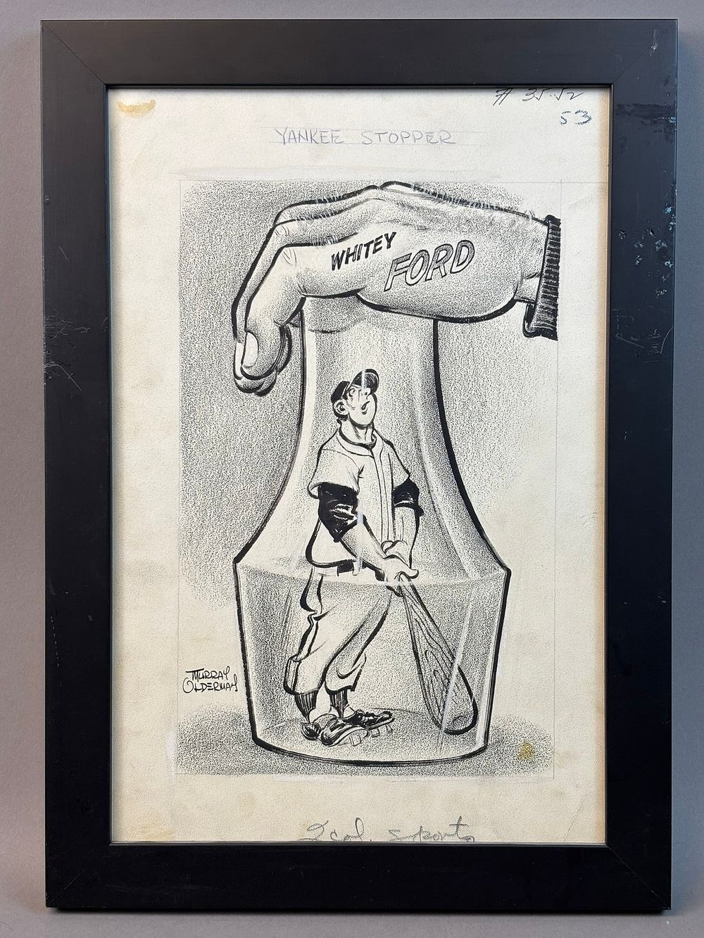 Lot 376: Whitey Ford "Yankee Stopper" Original Framed Artwork by Murray Olderman