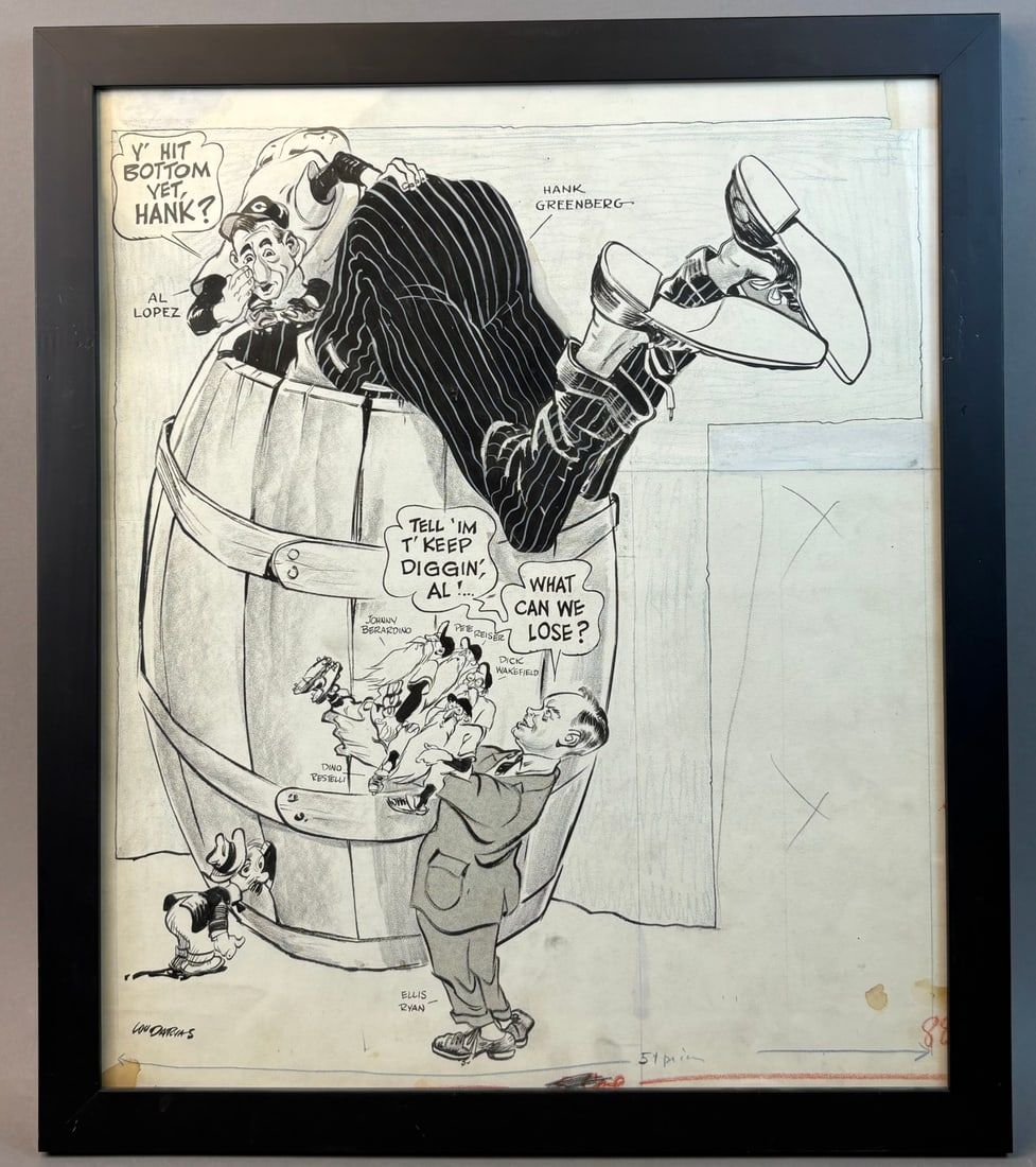 Lot 377: Al Lopex & Hank Greenberg Cleveland Indians Original Framed Cartoon Artwork by Lou Datrias