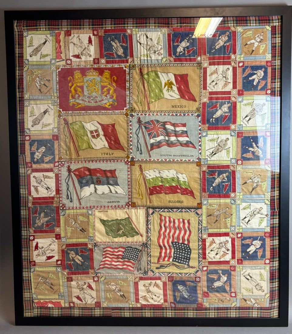 Lot 378: 1914 B18 Framed Sewn Blanket Display w/ Ty Cobb, Maranville, Meyers, Gowdy, Daubert, Stengel & More