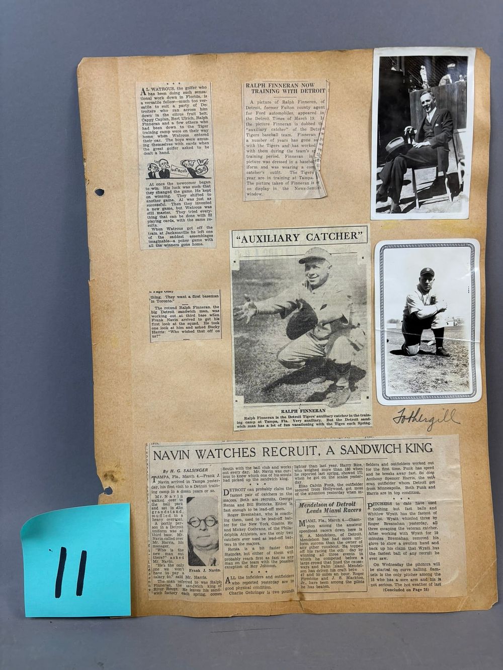 Lot 389: Ralph Happy Finneran Auxillary Catcher Detroit Tigers Original Scrapbook Page w/ Photographs