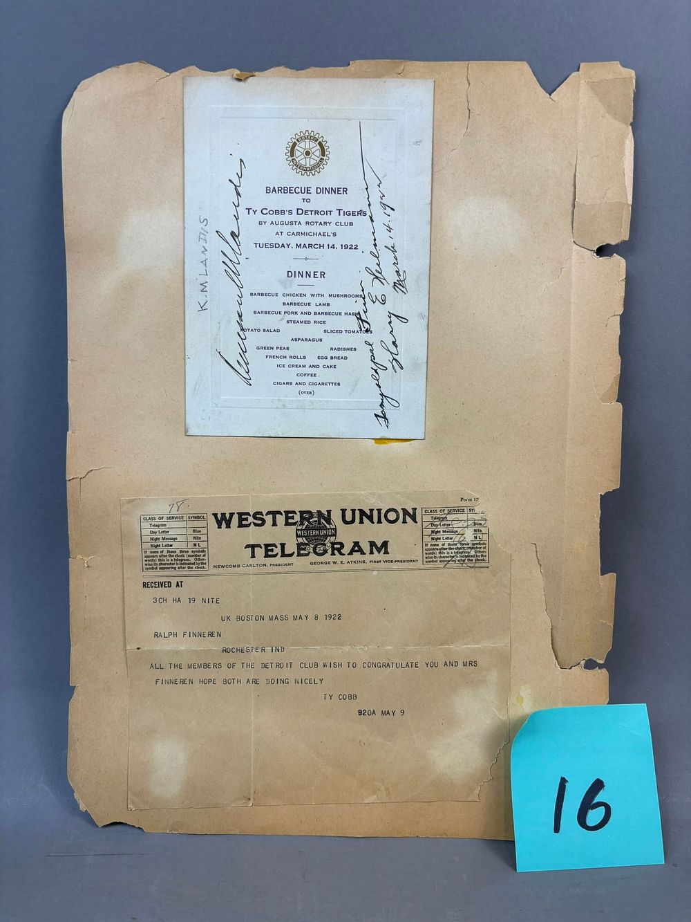Lot 394: Lot 3 Original Ty Cobb 1922 Rotary Club Barbecue Dinner Invitation Signed by Kenesaw M Landis &