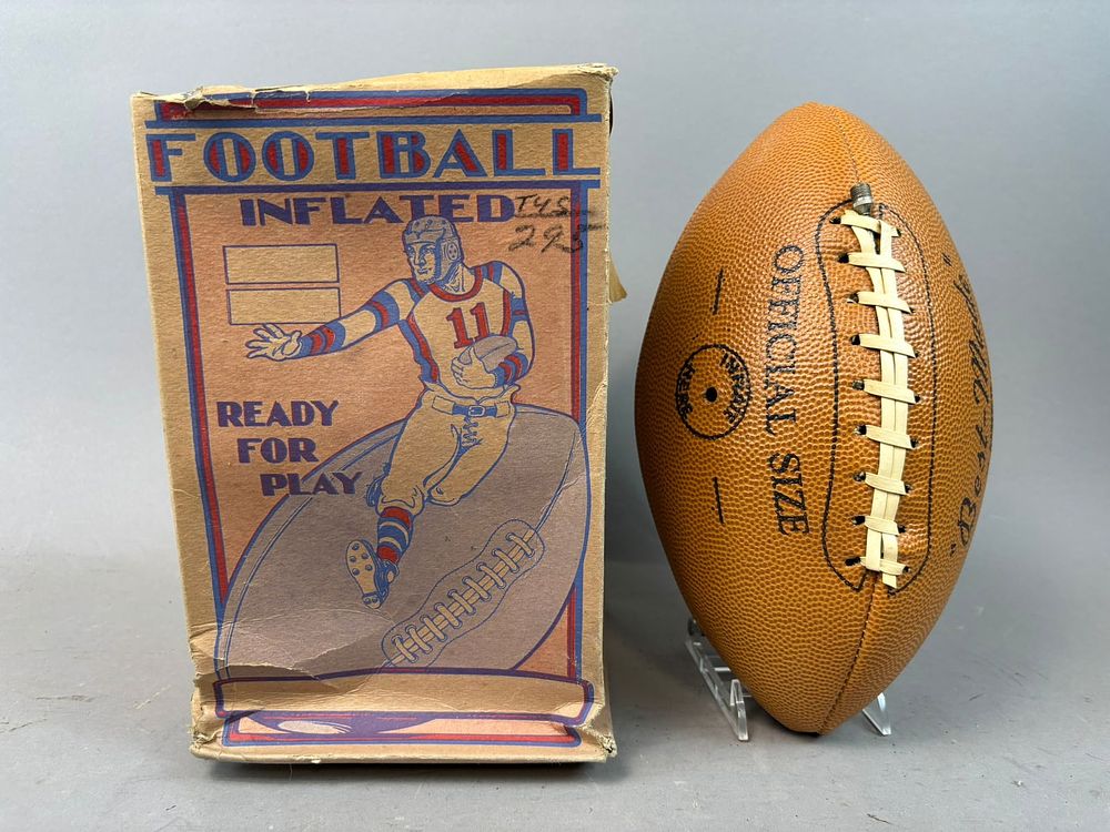 Lot 416: 1940s Inflated 9 Lace Leather Best Made Football w/ Original Box