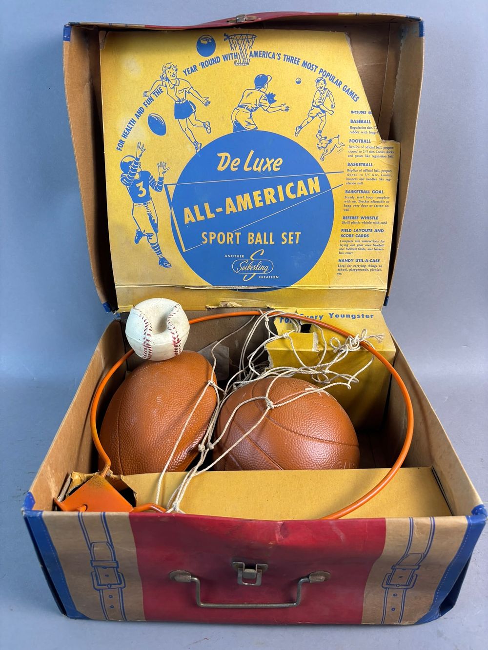 Lot 438: Deluxe All American Sport Ball Set by Seiberling w/ Original Box Football Basketball Baseball