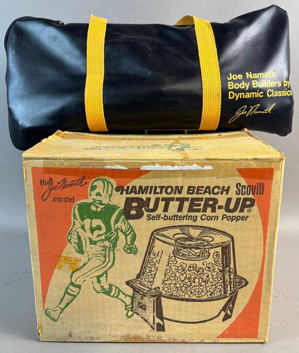 Lot 440: Pair Joe Namath 60s-70s Advertising Items: Hamilton Beach Butter Up & Body Builders by Dynamic