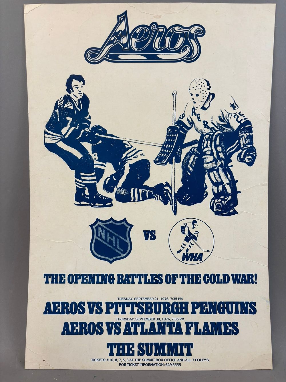 Lot 446: Sept 1976 Houston Aeros NHL Vs. WHA Cold War Original 20"x14" Framed Poster