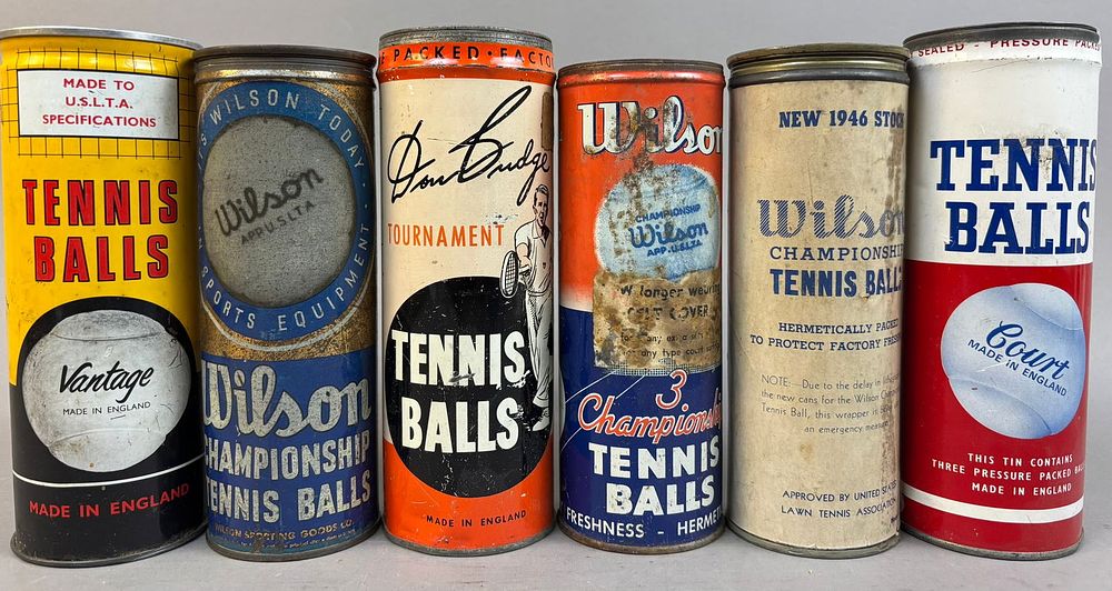 Lot 450: Lot 6 Original 30s 40s 50s Metal Tennis Ball Advertising Tubes w/ Balls Wilson Vantage Court & More