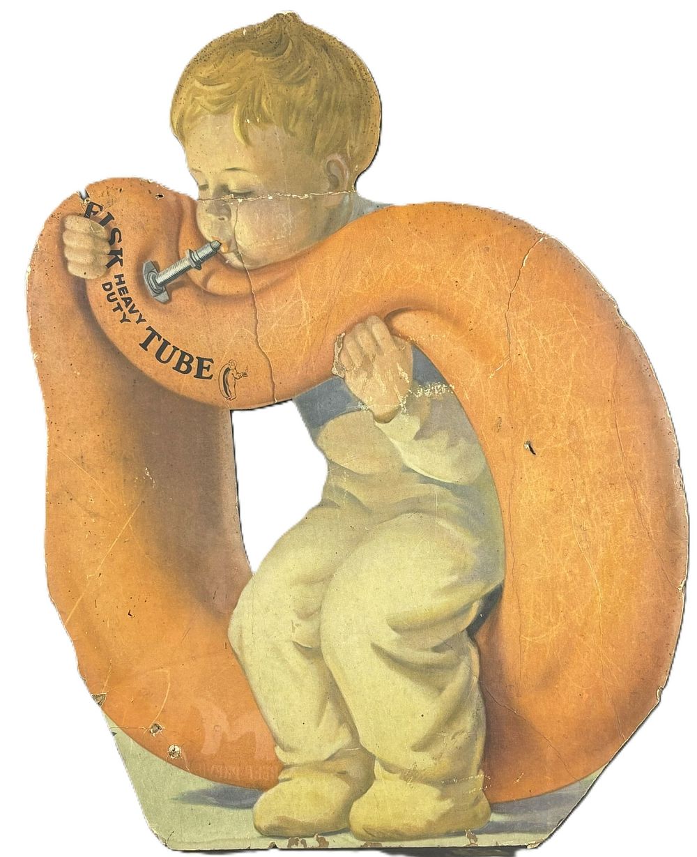 Lot 130: Fisk Heavy Duty Tube Original 1920s Carboard Advertising Store Display Sign w/ Boy