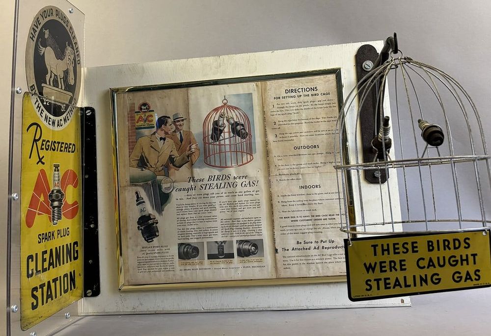 Lot 134: AC Spark Plug Cleaning Station Flange & Birds Caught Stealing Gas Display