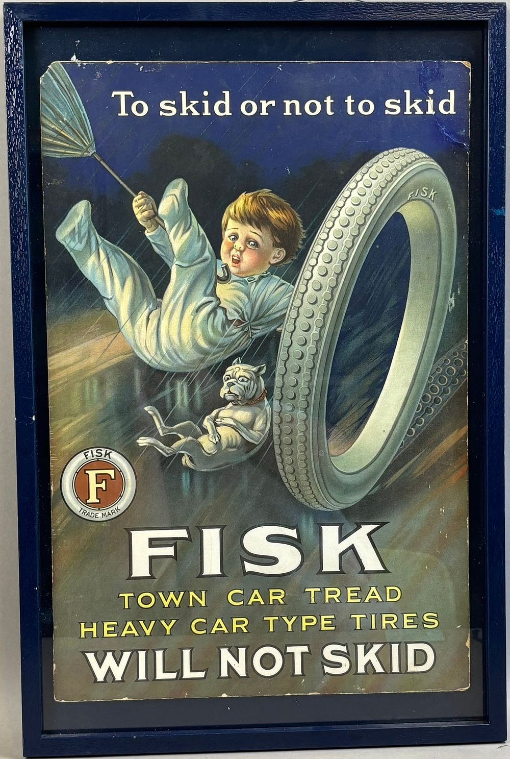 Lot 137: Fisk Will Not Skid Original Cardboard Advertising Sign w/ Boy & Dog