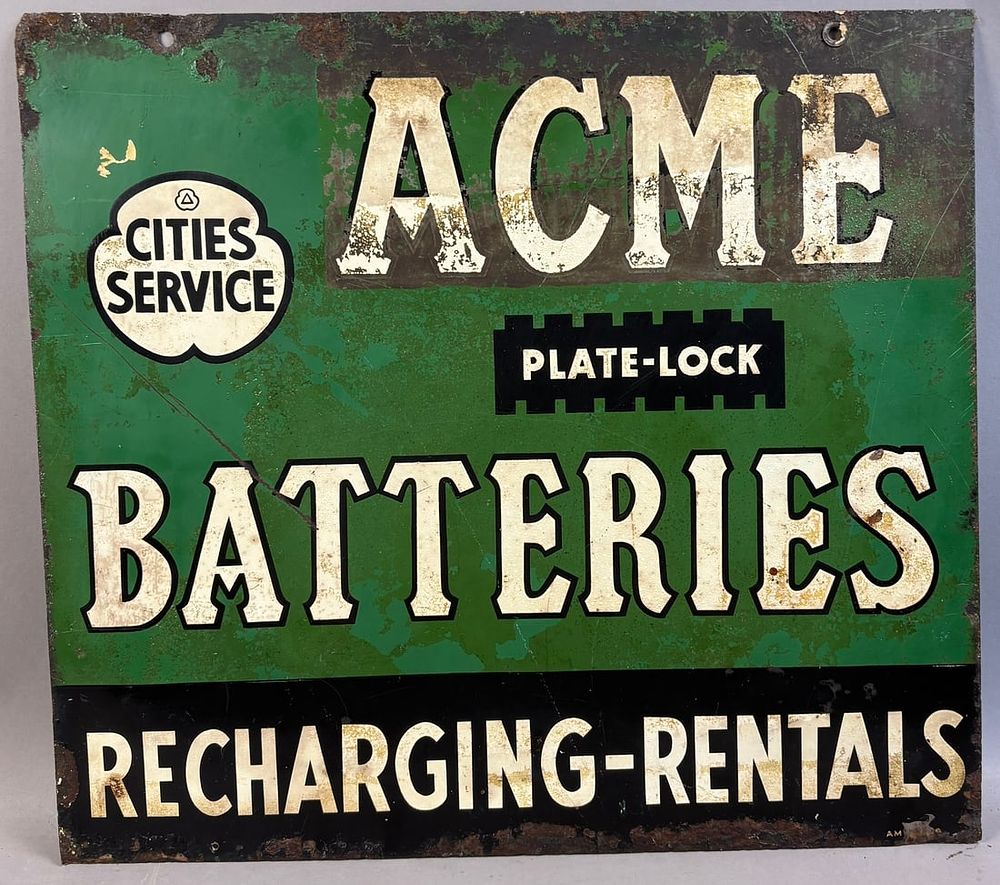 Lot 139: Cities Service ACME Batteries Recharging Rentals DST Metal Advertising Sign