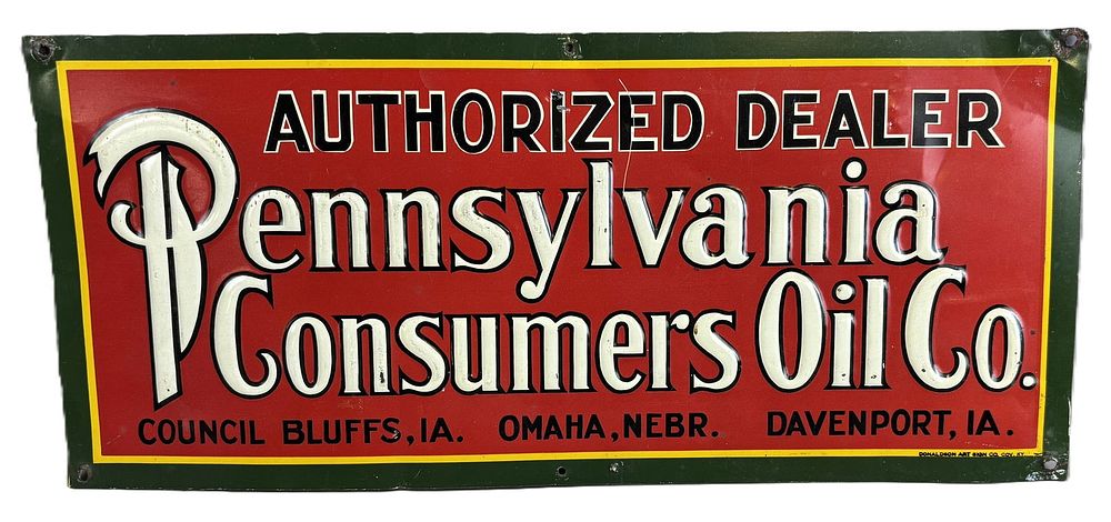 Lot 143: Pennsylvania Consumers Oil Co Authorized Dealer SST Embossed Sign