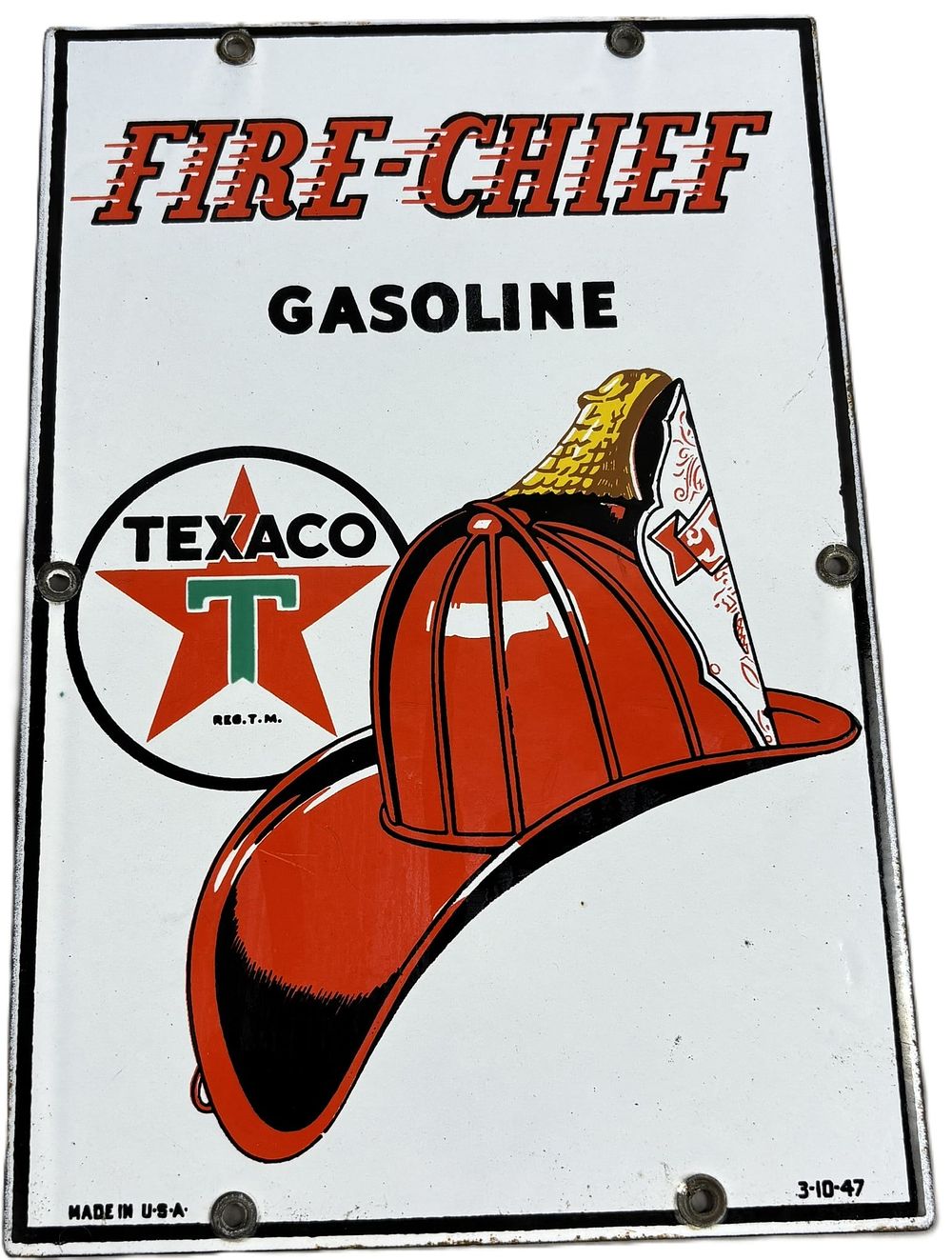 Lot 148: Fire Chief Gasoline SSP Porcelain Pump Plate Sign 1947