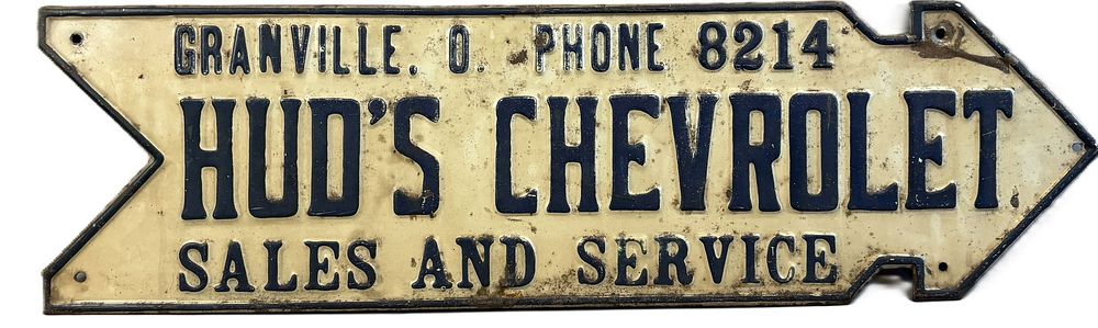 Lot 151: Hud's Chevrolet Granville Ohio Sales & Service Embossed Tin Arrow Sign