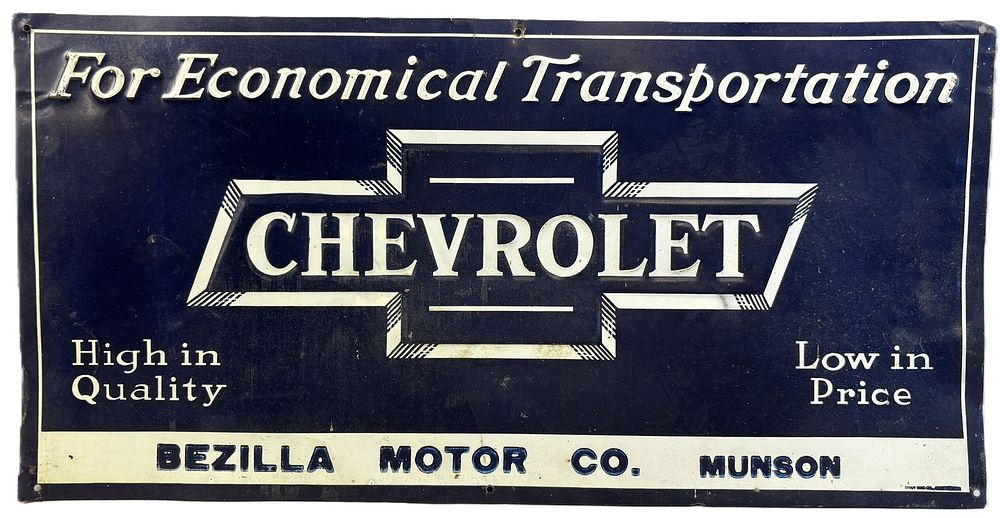 Lot 152: Chevrolet Tin Embossed Advertising Sign Bezilla Motor Co Munson