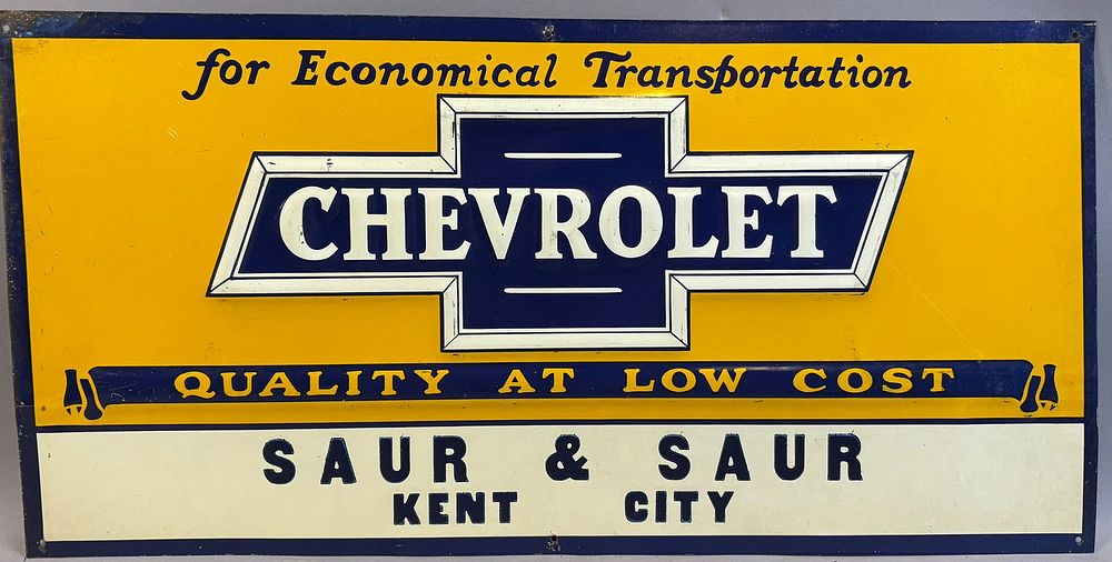 Lot 153: Chevrolet Tin Embossed Advertising Sign Saur & Saur Kent City