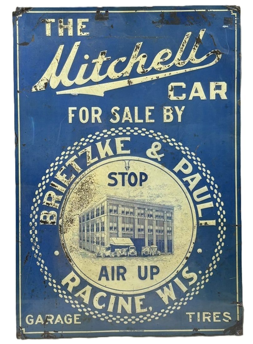 Lot 158: The Mitchell Car Brietzke & Pauli Stop Air Up Racine Wis Tin Embossed Sign
