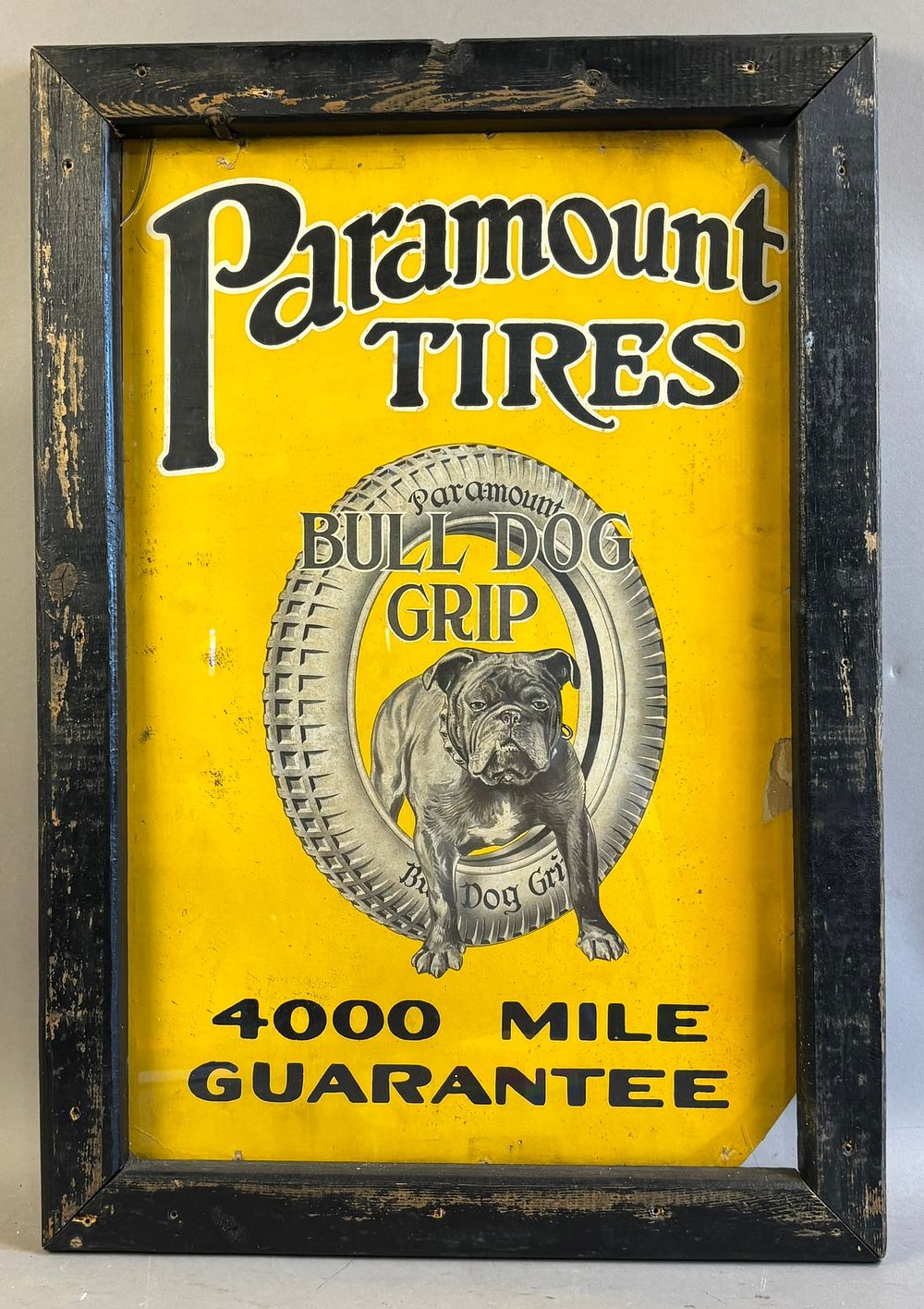Lot 161: Paramount Tires Bull Dog Grip 4000 Mile Guarantee 1920s Cardboard Sign