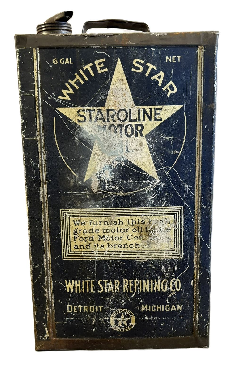 Lot 162: White Star Refining Staroline Motor Oil 6 Gallon Motor Oil Can Detroit Michigan