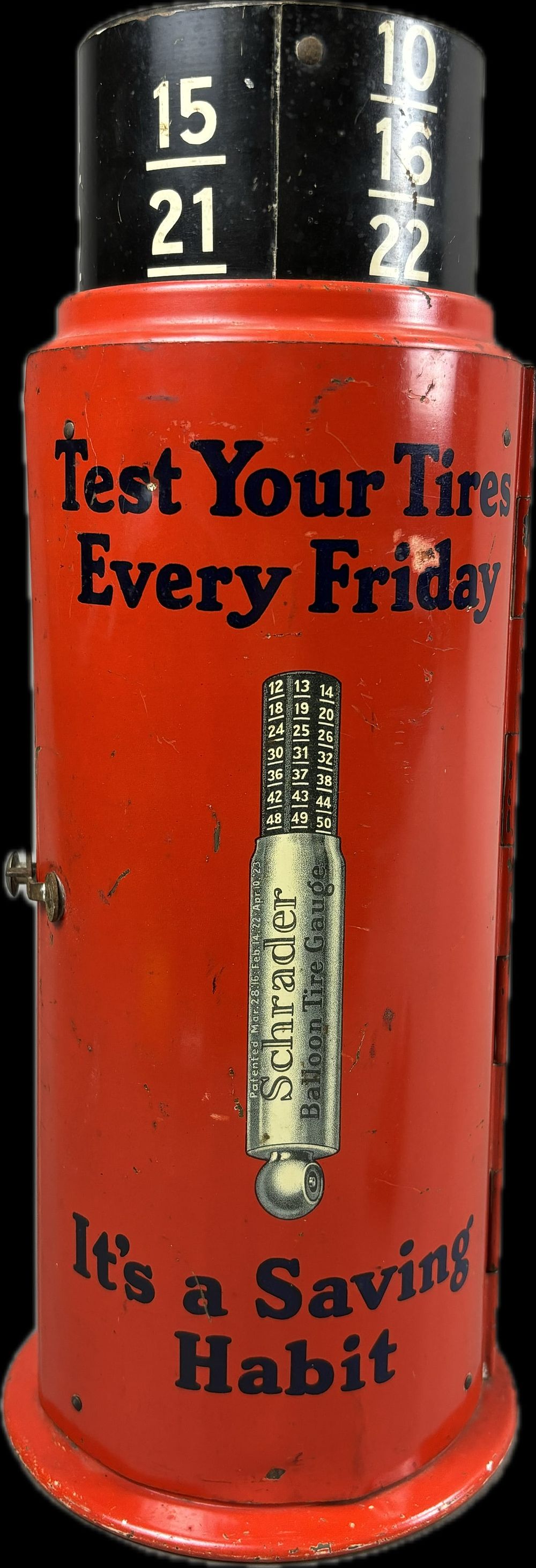 Lot 163: Schrade Tire Pressure Gauge Figural Countertop Tin Litho Display Cabinet