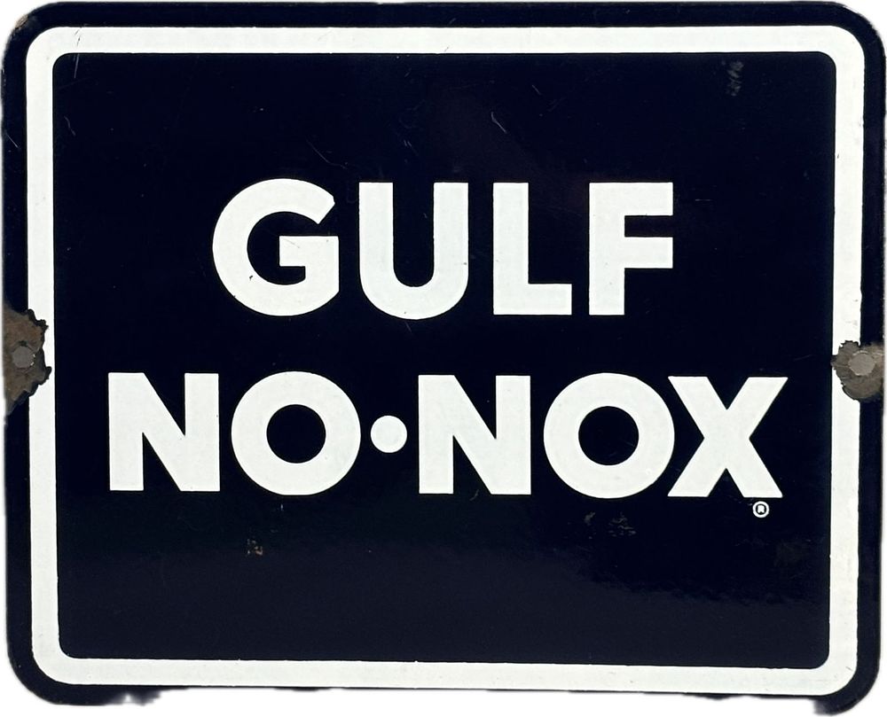 Lot 173: Gulf No Nox SSP Porcelain Gas Pump Plate Advertising Sign