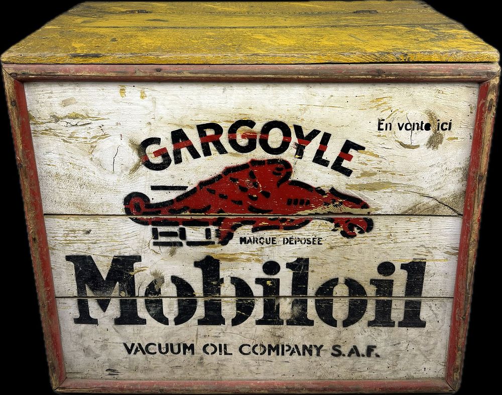 Lot 175: Mobiloil Gargoyle Original Glass Bottle Wooden French Shipping Crate