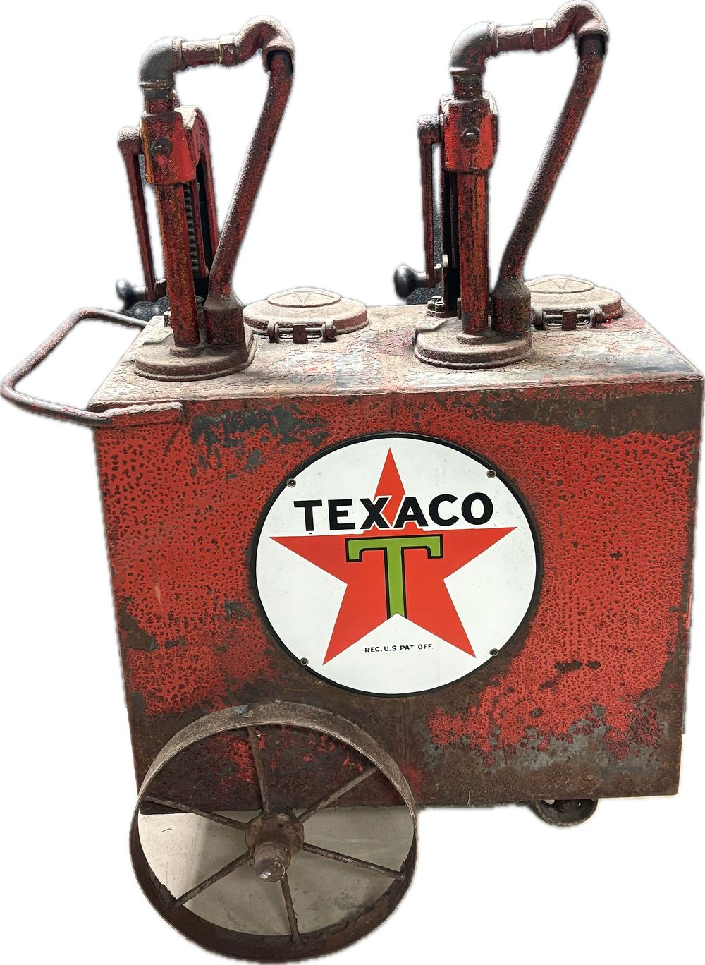 Lot 187: Original Texaco Double Lubester Rolling Steel Wheel Oil Pump w/ Signs