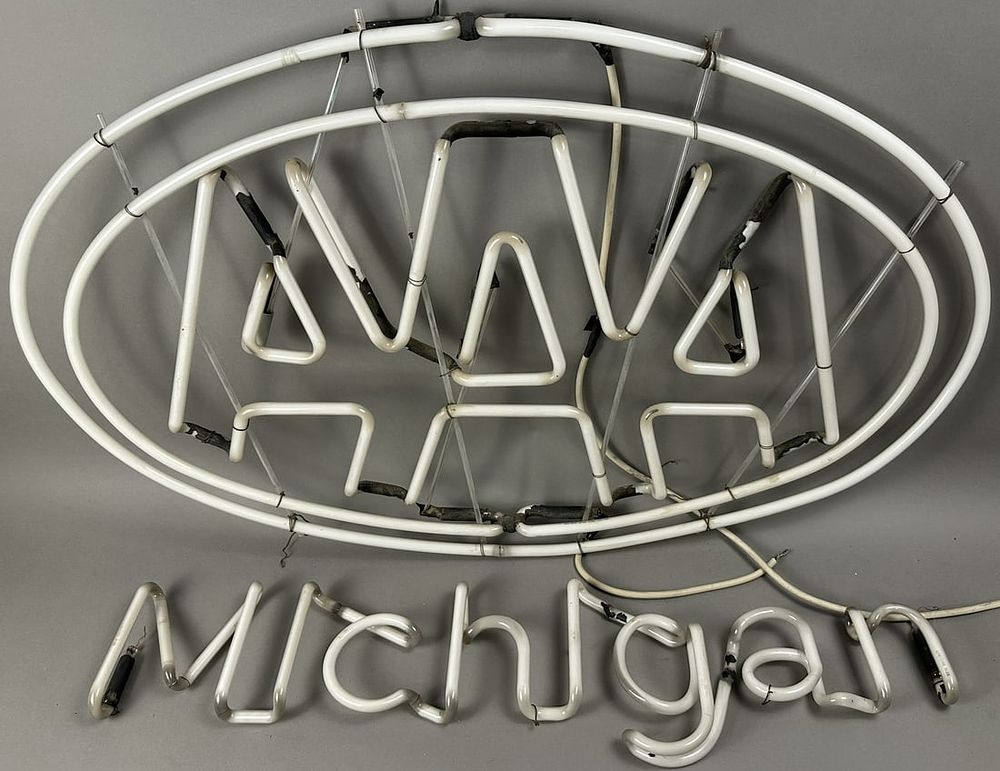 Lot 193: Original 1950s AAA Michigan Oval Hanging Window Neon Sign