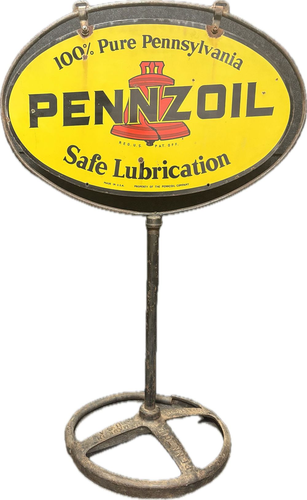 Lot 195: Pennzoil Curbside DST Painted Metal Advertising Sign w/ Stamped Base