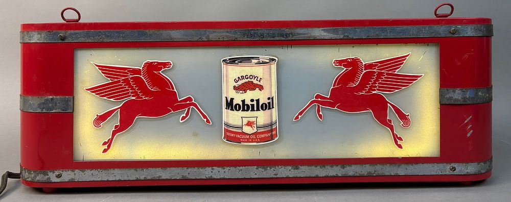 Lot 209: Mobil Oil Gargoyle Pegasus Hanging Lighted Advertising Sign - Works