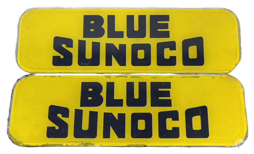 Lot 212: Pair Blue Sunoco 1950s Gas Pump Ad Glass Advertising Signs