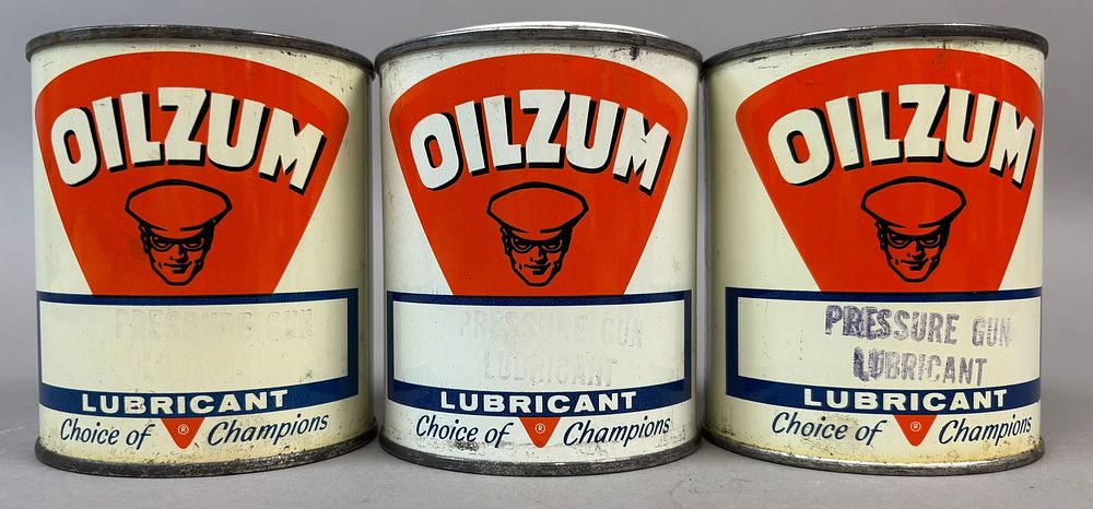 Lot 213: Oilzum Lot 3 1LB NOS Full Metal Grease Cans w/ Oswald
