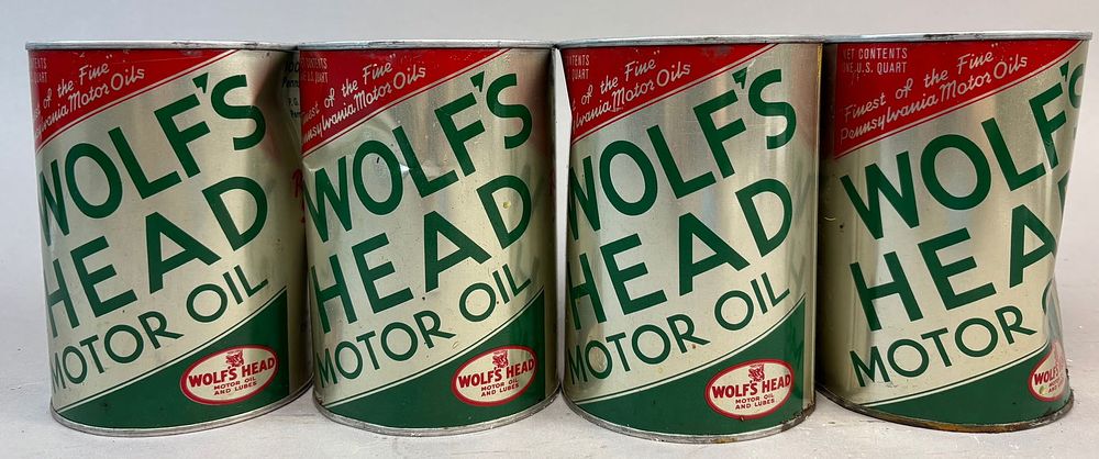 Lot 216: Wolf's Head Lot 4 Full Metal 1 Quart Motor Oil Cans
