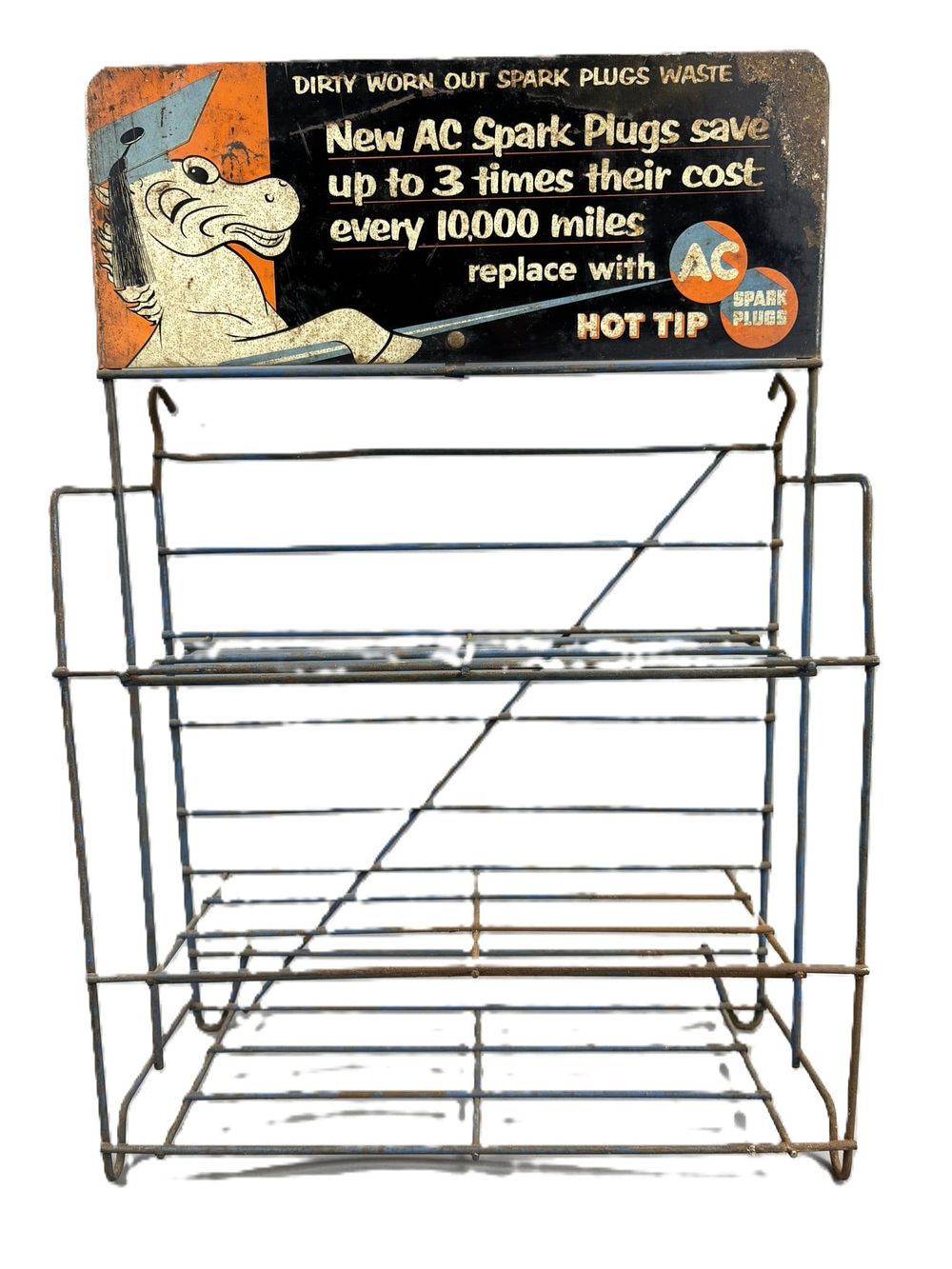 Lot 220: 1940s AC Spark Plugs Hot Tip Store Advertising Wire Rack Display w/ Sign Topper