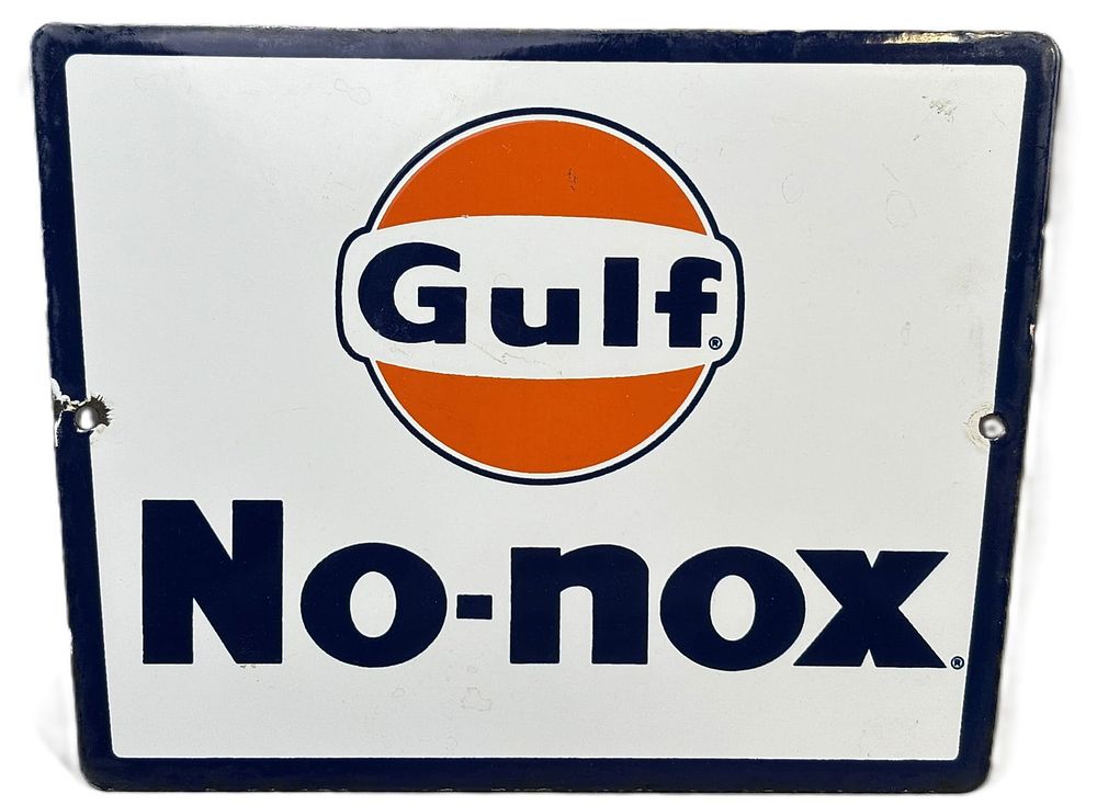 Lot 225: Gulf No Nox SSP Porcelain Gas Pump Plate Advertising Sign