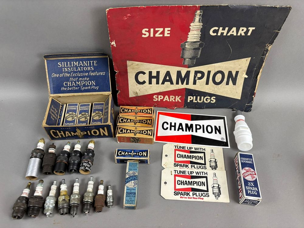 Lot 231: Champion Spark Plugs Assorted Lot Size Chart Plugs Tags & More