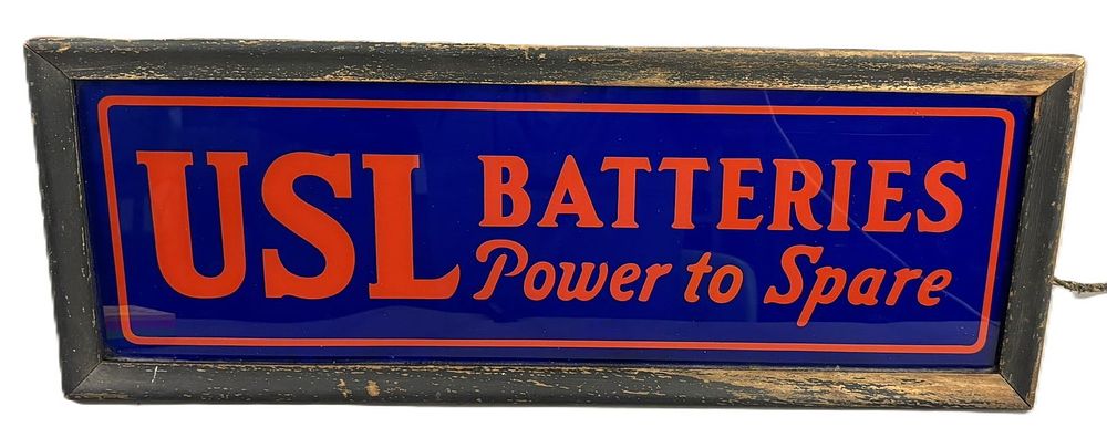 Lot 235B: USL Batteries Power To Spare Reverse Painted Glass Lighted Advertising Sign