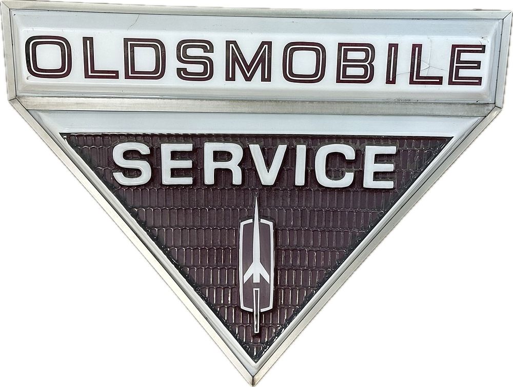 Lot 238B: Oldsmobile Service Embossed Triangular Plastic Dualite Lighted Dealership 60s Sign