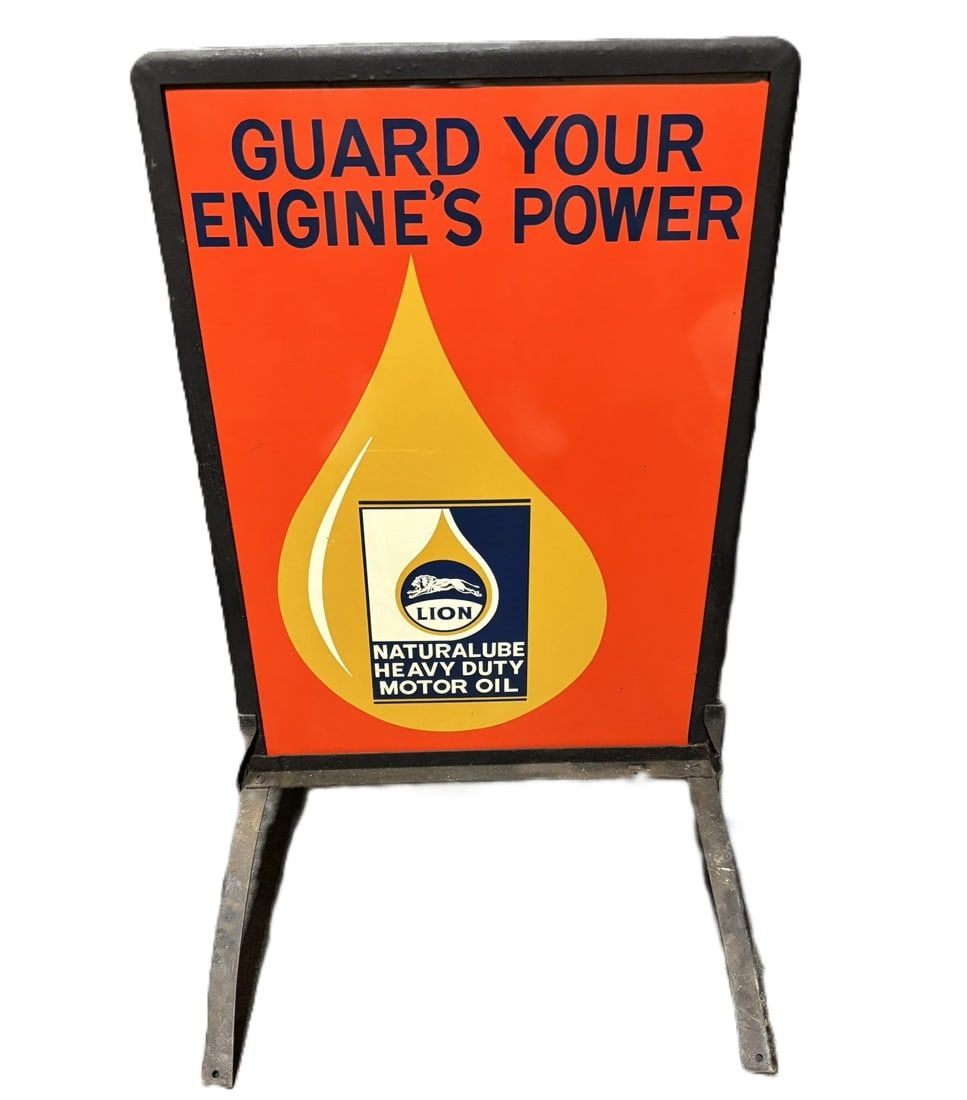 Lot 242: Lion Naturalube Heavy Duty Motor Oil NOS Curbside DST Tin Sign w/ Frame