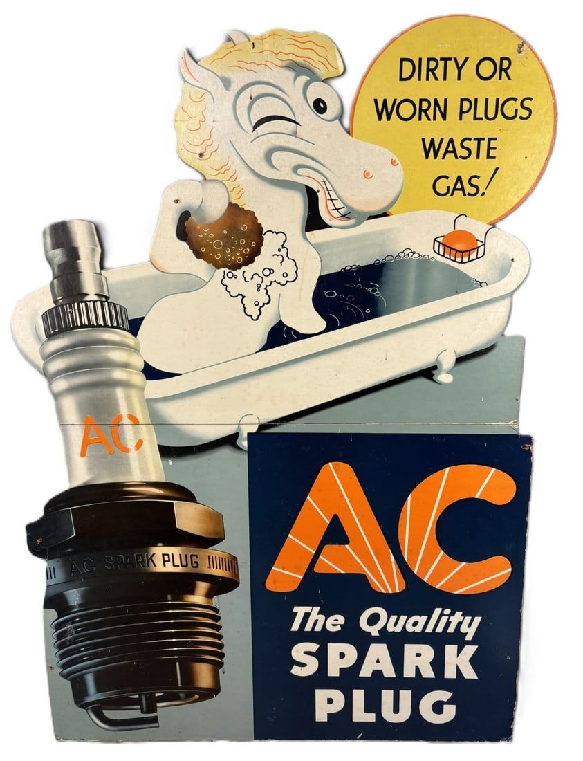 Lot 243: 1938 AC Spark Plug Cardboard Dirty Worn Plugs Advertising Sign