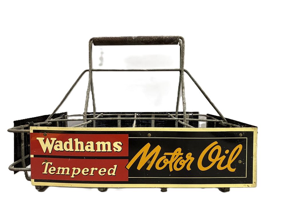 Lot 257: Wadhams Tempered Motor Oil Quart Bottle Rack w/ 4 Tin Signs