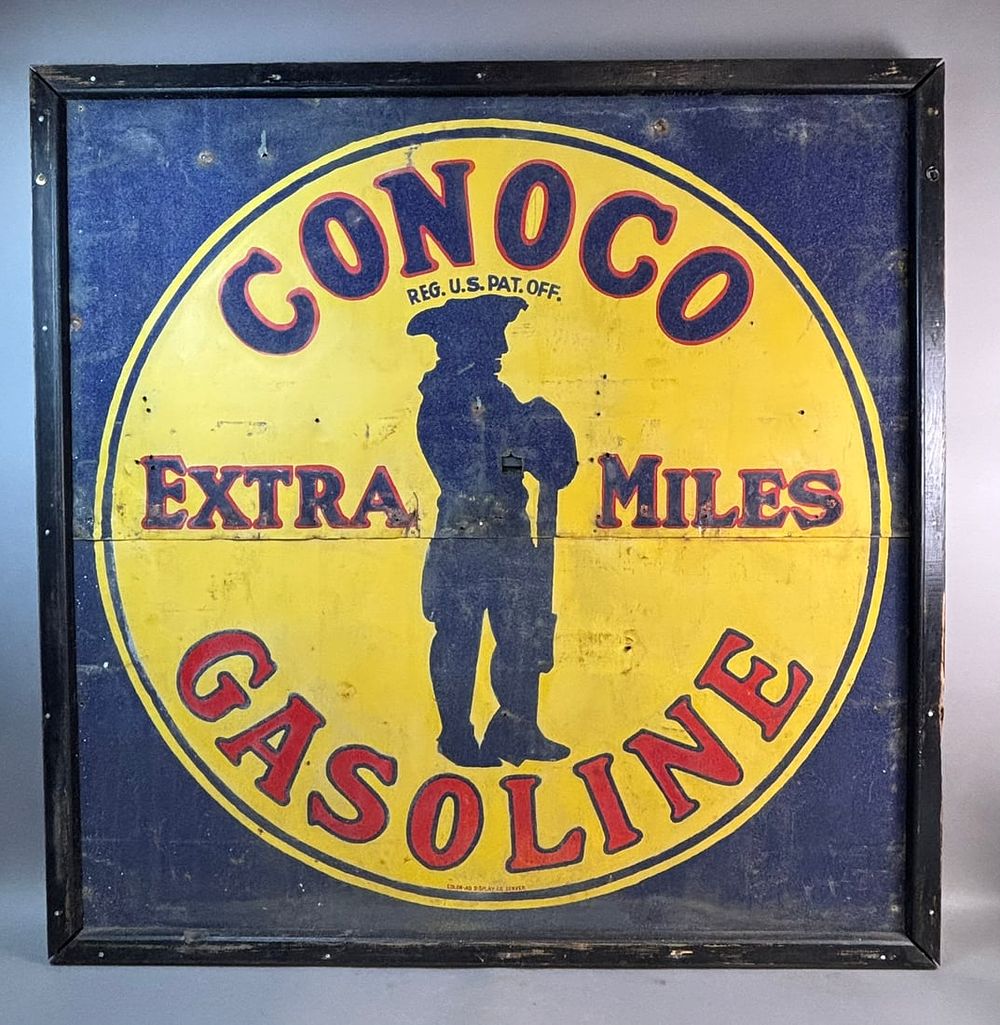 Lot 261: Conoco Extra Miles Gasoline SST Schmaltz Painted Circa 1909 Sign w/ Minuteman