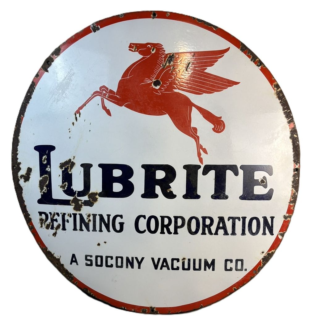 Lot 263: Lubrite Refining Socony Vacuum Co 42" SSP Porcelain Pegasus Sign