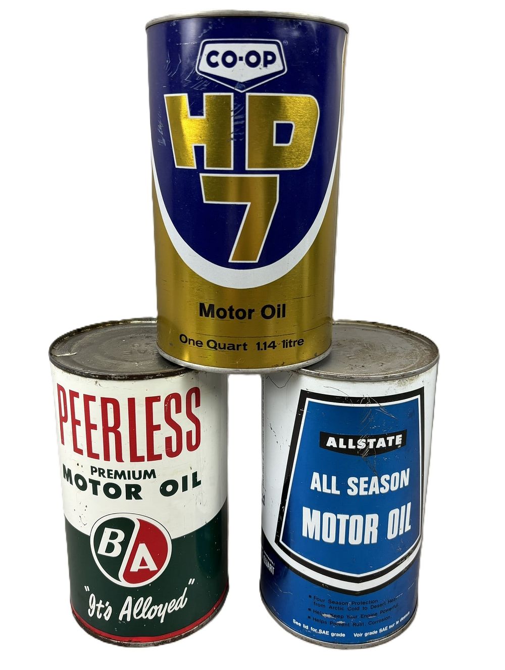 Lot 277: Lot 3 Metal Imperial Quart Motor Oil Cans Coop Peerless All State