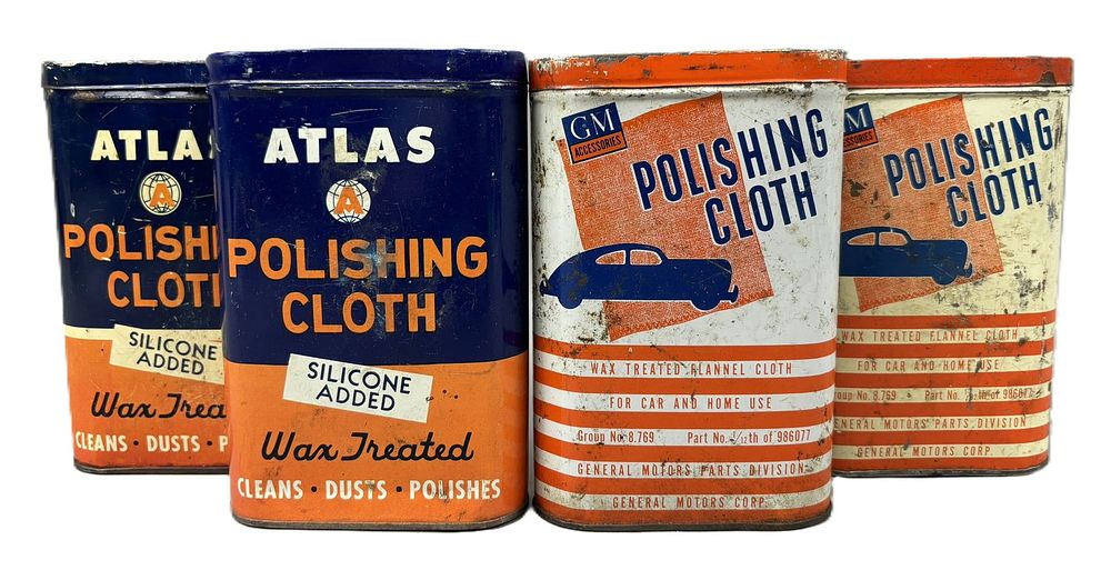Lot 279: Lot 4 Atlas & GM General Motors Polishing Cloth Metal Cans