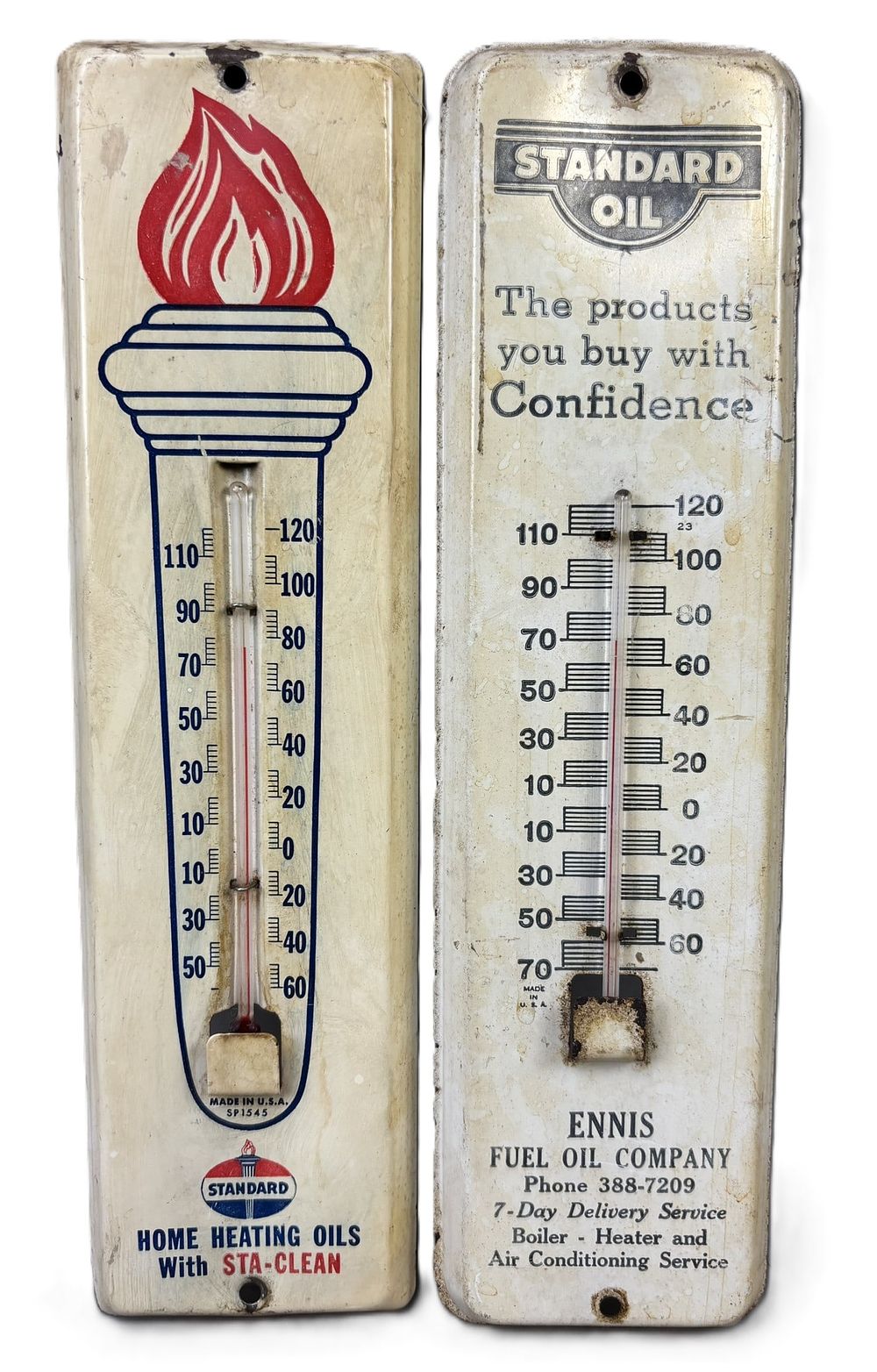 Lot 281: Pair Standard Oil Co 1940s-50s Advertising Metal Thermometers